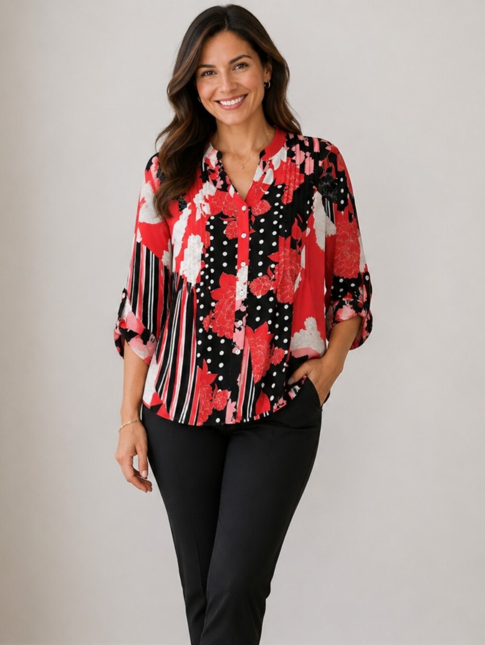 Ruby Rd. Pintuck Pleat Floral Patchwork Button-Up Blouse Tunic Top Size XL